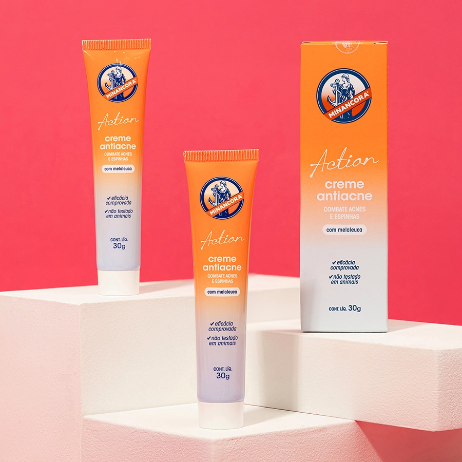 três produtos em display - Creme Antiacne Minancora